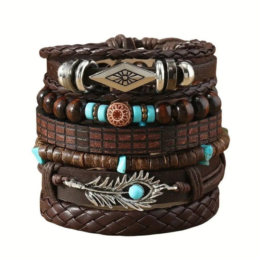 6pcs Vintage Artistic Design Style Handcrafted Faux Leather Bracelet Set